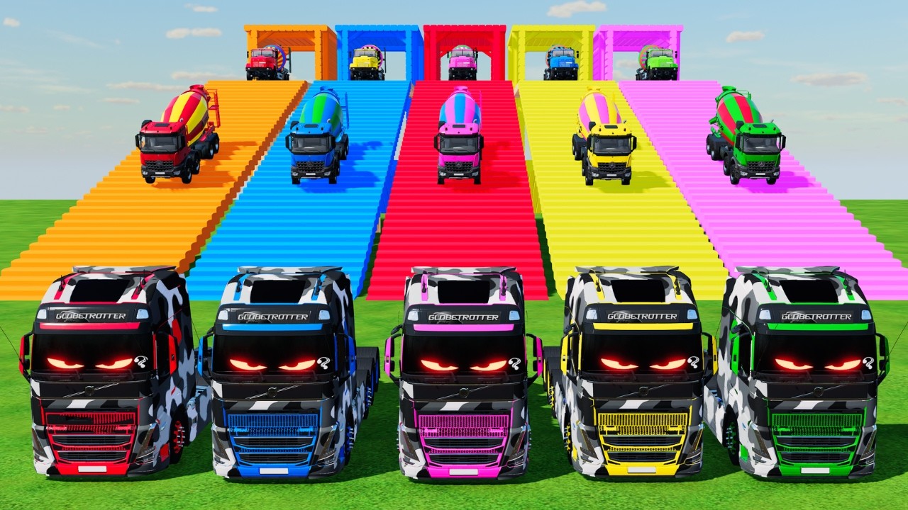 Garage with Colors - ALL MIXER TRUCK WITH DOUBLE FLATBED TRAILER TRUCK, DAF, VOLVO, FREIGHTLINER #72