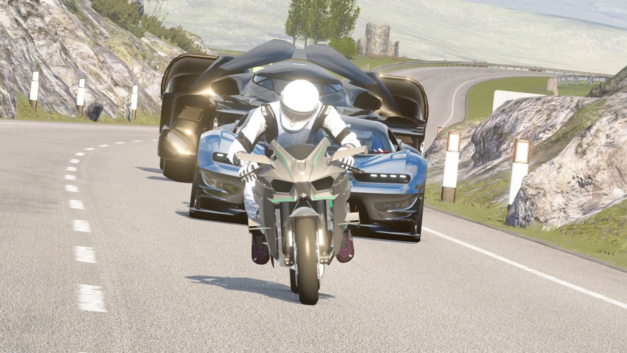 Kawasaki Ninja H2R Supercharged vs Hypercars Bugatti VGT, Bugatti Chiron, Ferrari 812, Ferrari SF90