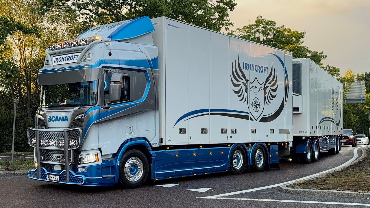 Show trucks from Nordic Trophy 2026 leaving the truck show