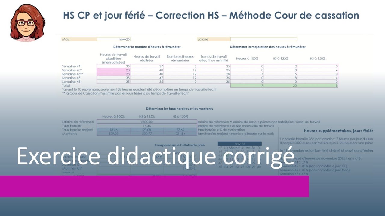 Heures supplémentaires, congés payés et jour férié, exercice didactique