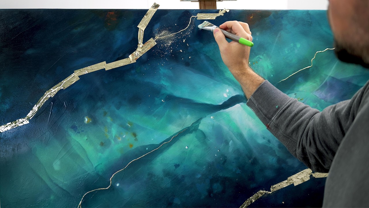 SHARING MY ACRYLIC PAINT TECHNIQUES | Blue Panoramic Abstract Art
