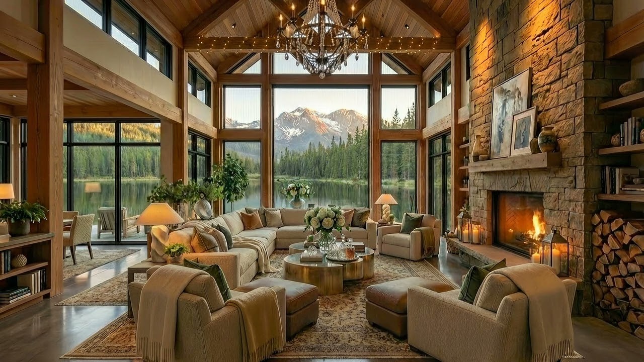 Luxury Mountain Lake Fireplace | Smooth Jazz + Fire Sounds for Sleep & Study (4K UHD)