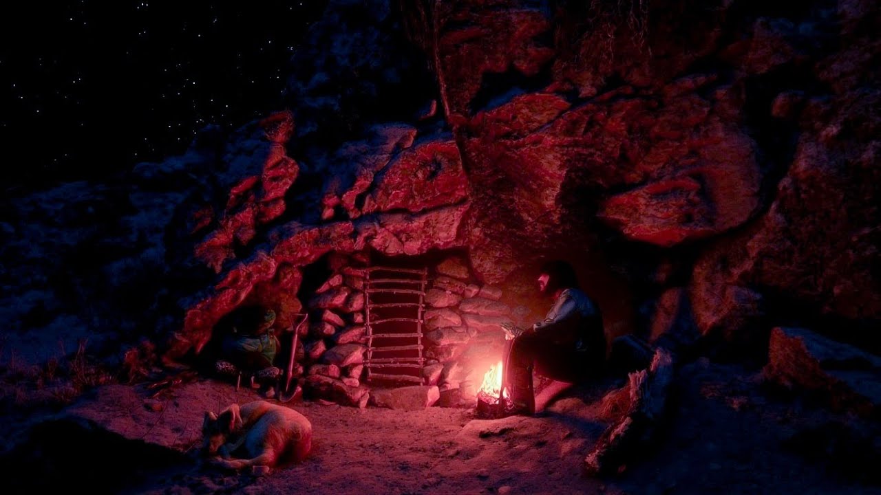 Extreme Cold Surviveal:Building Bushcraft Heated Stone Shelter with my dog in a Winter Storm