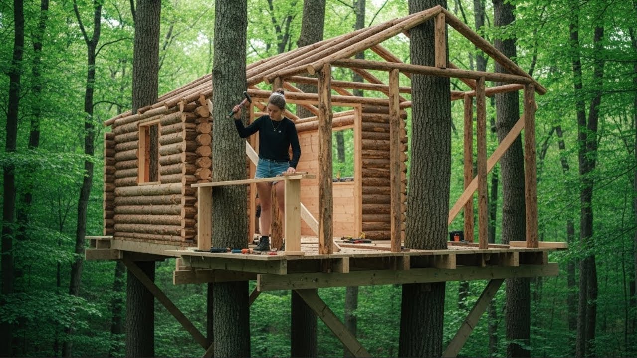 Amazing Girl Building a Cozy Wooden Treehouse Cabin in the Forest | Bushcraft Survival Skills