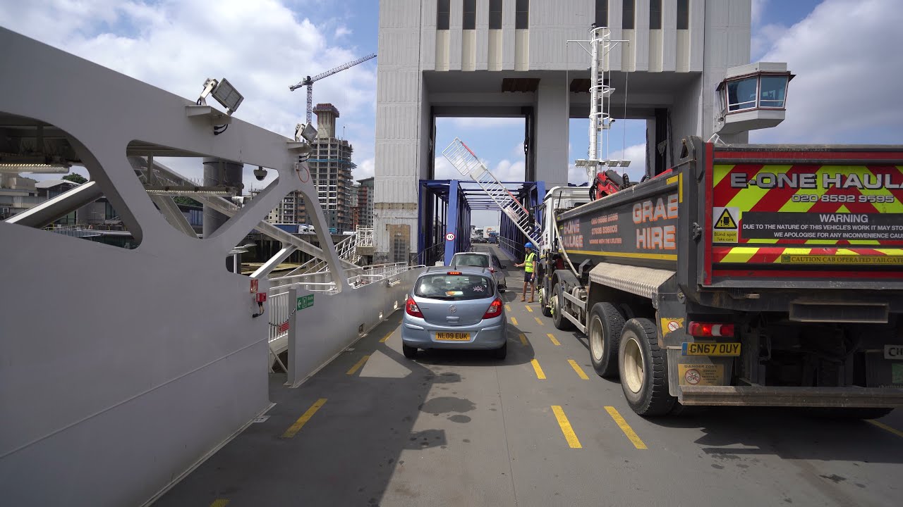 4K Thames Crossing  with Woolwich Ferry boat both side approach 4K London Video Drive