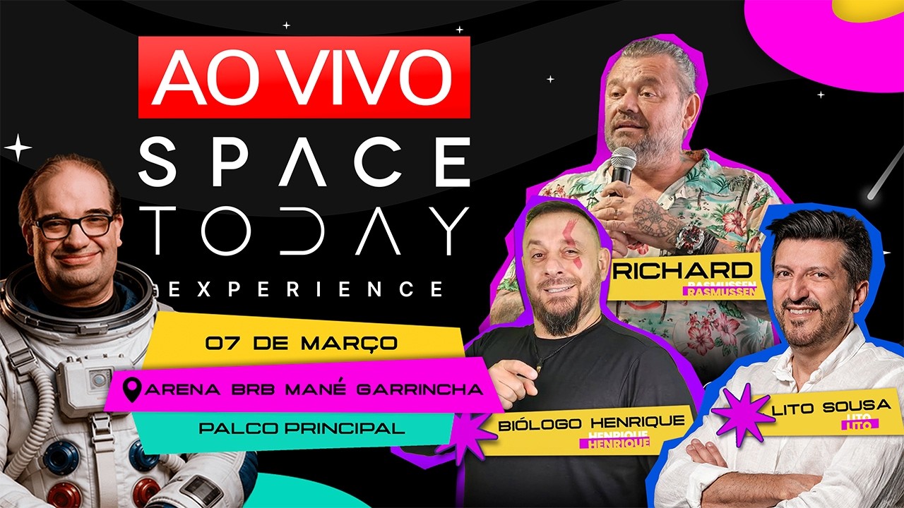 LITO, BIÓLOGO HENRIQUE E RICHARD RASMUSSEN NO PALCO PRINCIPAL DO SPACE TODAY EXPERIENCE