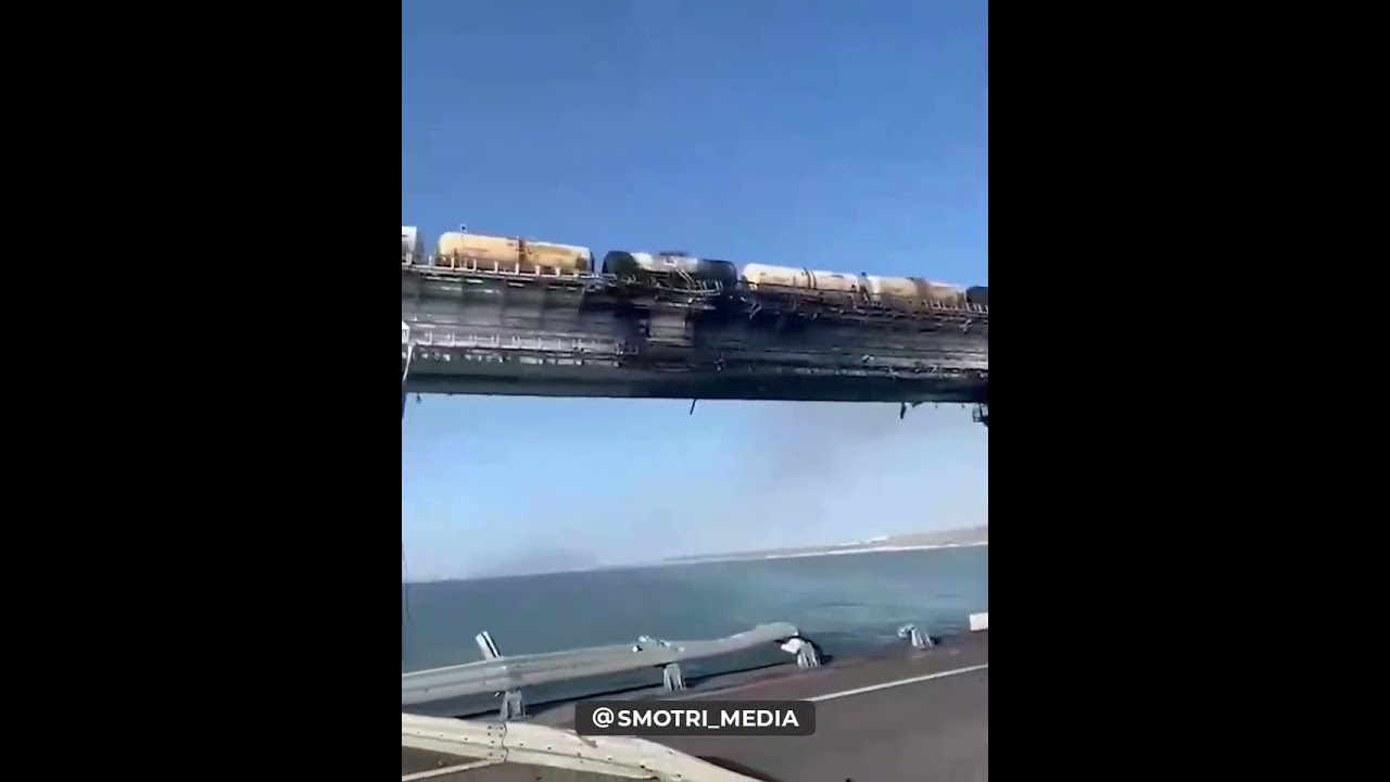 Damages due to massive explosion on the Crimean bridge.. Crimea's Kerch bridge Ukraine Russia border