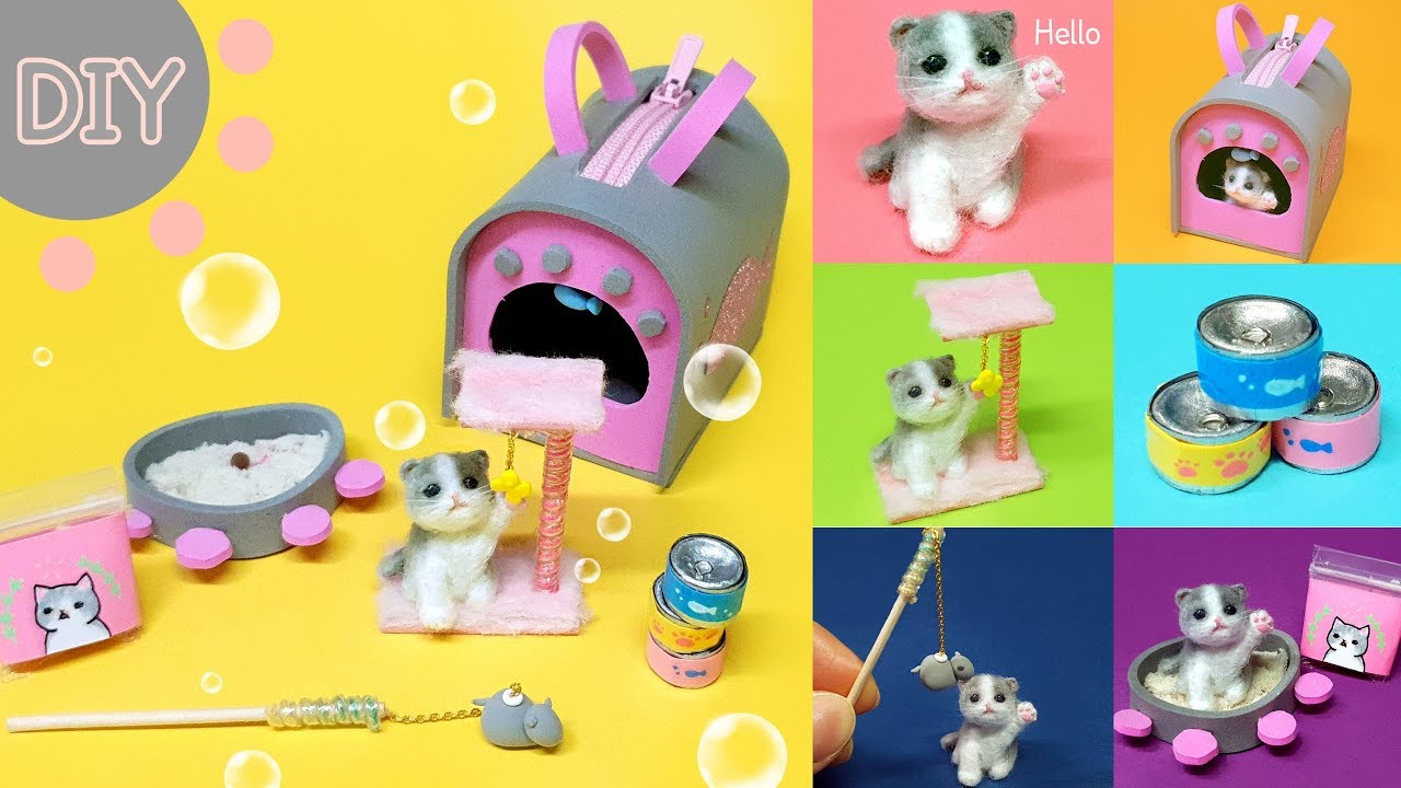 DIY 6 Miniature cat set !  -  mini cat , cat bag , cat toy ~