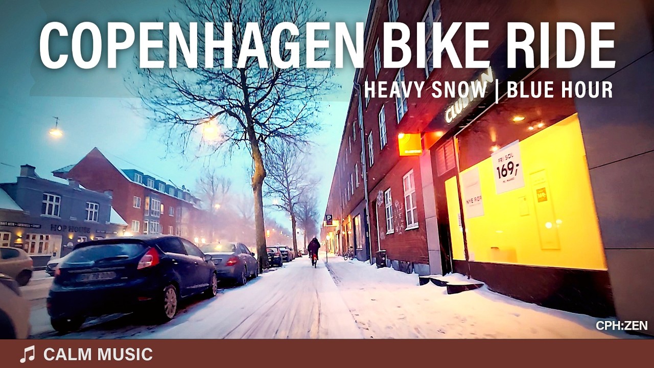 Heavy Snow at Blue Hour | Calm Bike Ride Through Copenhagen | POV ASMR 4K - Calm Music Edition