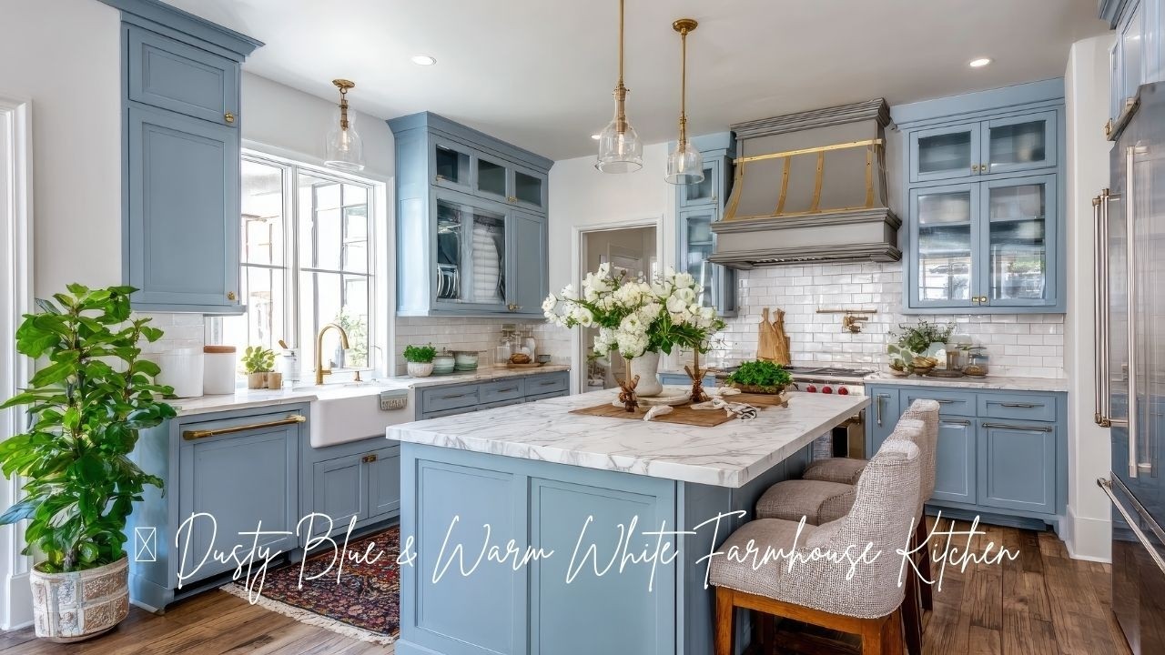 🩵 Dusty Blue & Warm White Farmhouse Kitchen | Timeless Vintage Cottage Decor with Easy DIY Touches
