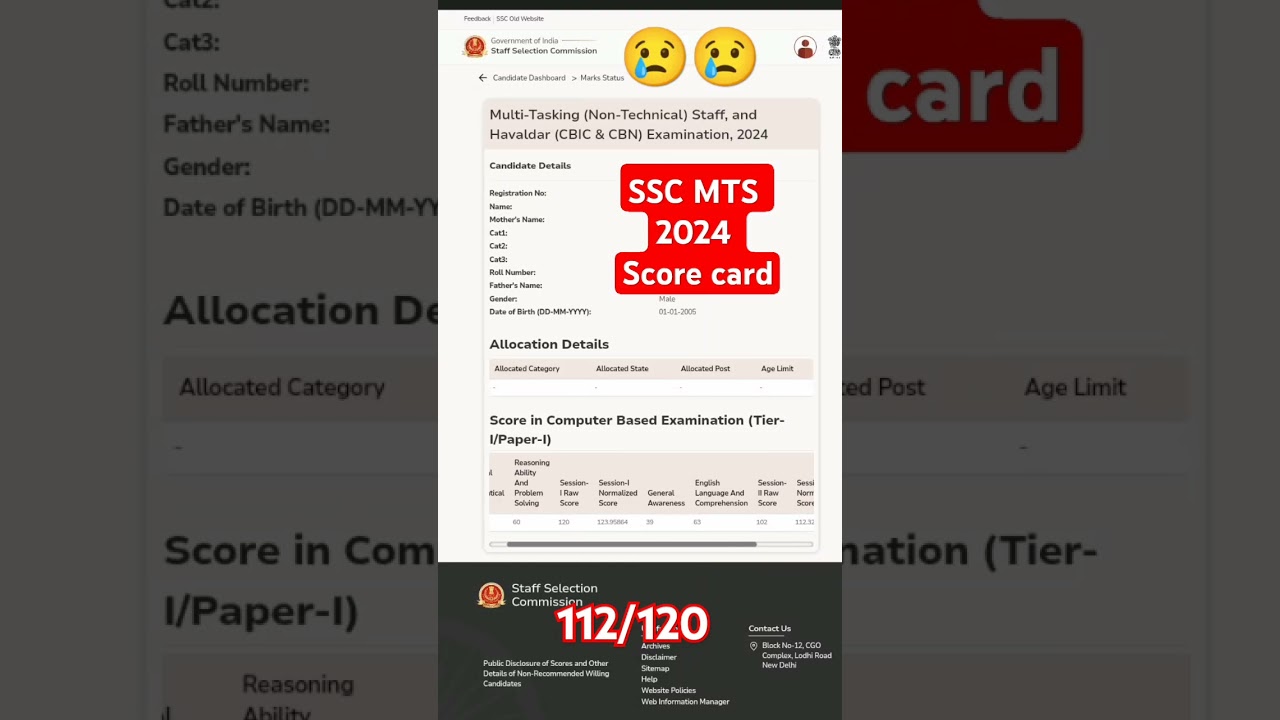 SSC MTS 2024 SCORE CARD