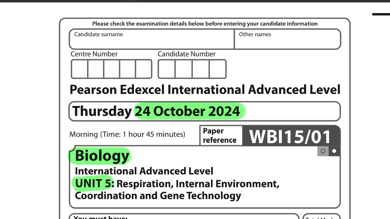 A level | Biology | unit 5 | October 2024 | Pearson Edexcel
