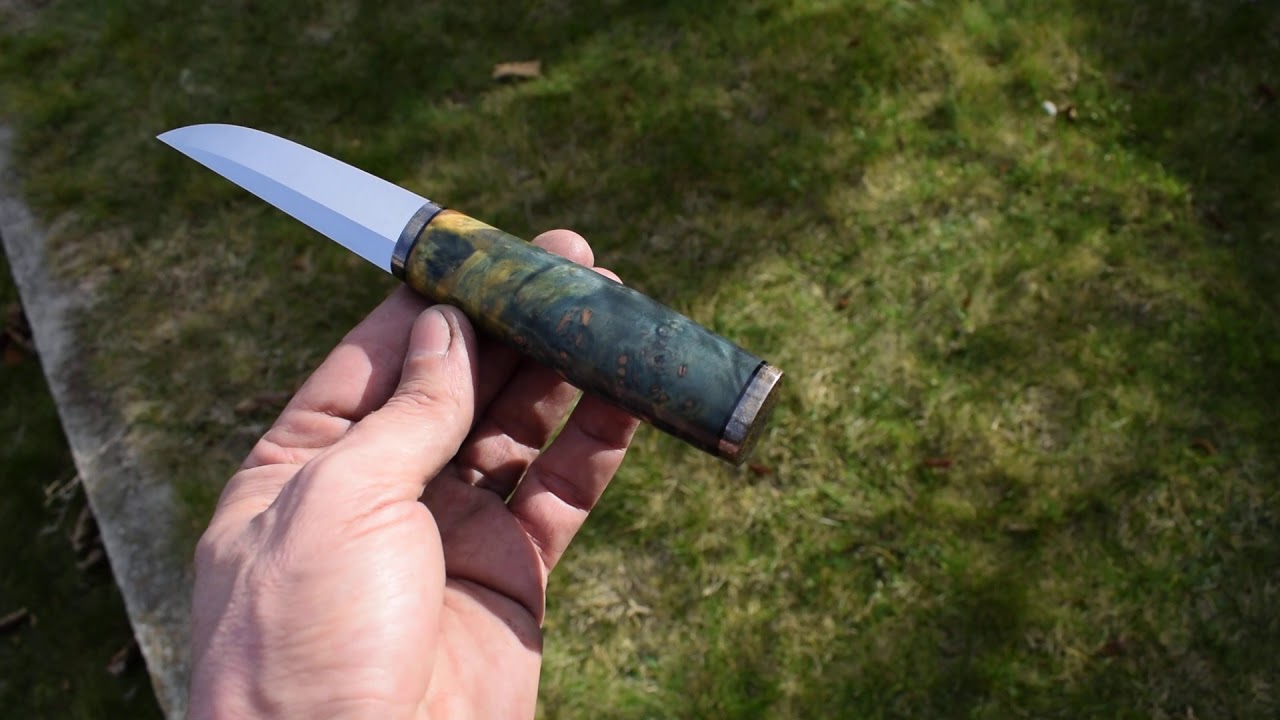 #Puukko , Vanadis 4 Extra, aged brass, G10, stabilized Alder burl.