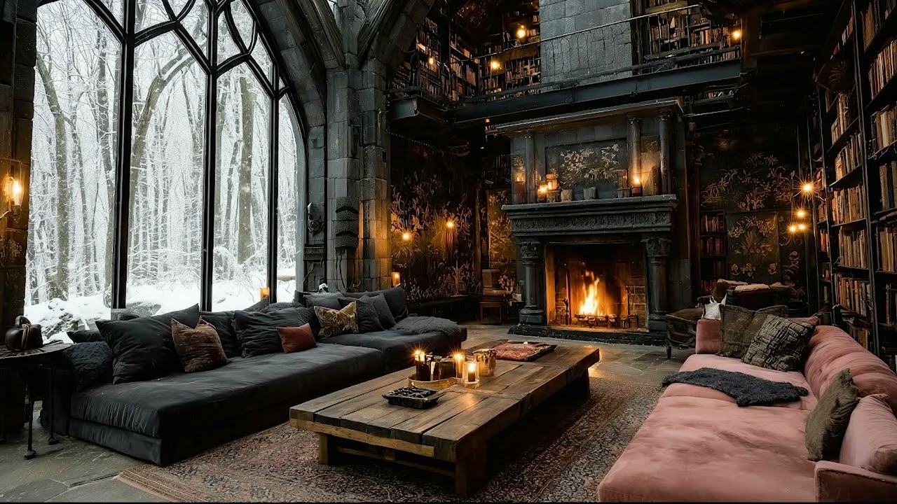 Witchy Winter Ambience 🕯️ Gothic Library & Fireplace Sounds