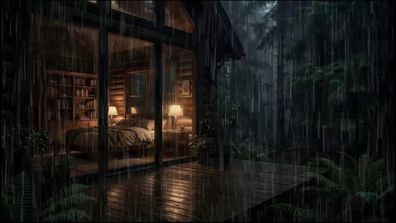 Nighttime Forest Cabin 🌲 | Relaxing rain ambience as soft rain surrounds the peaceful woods