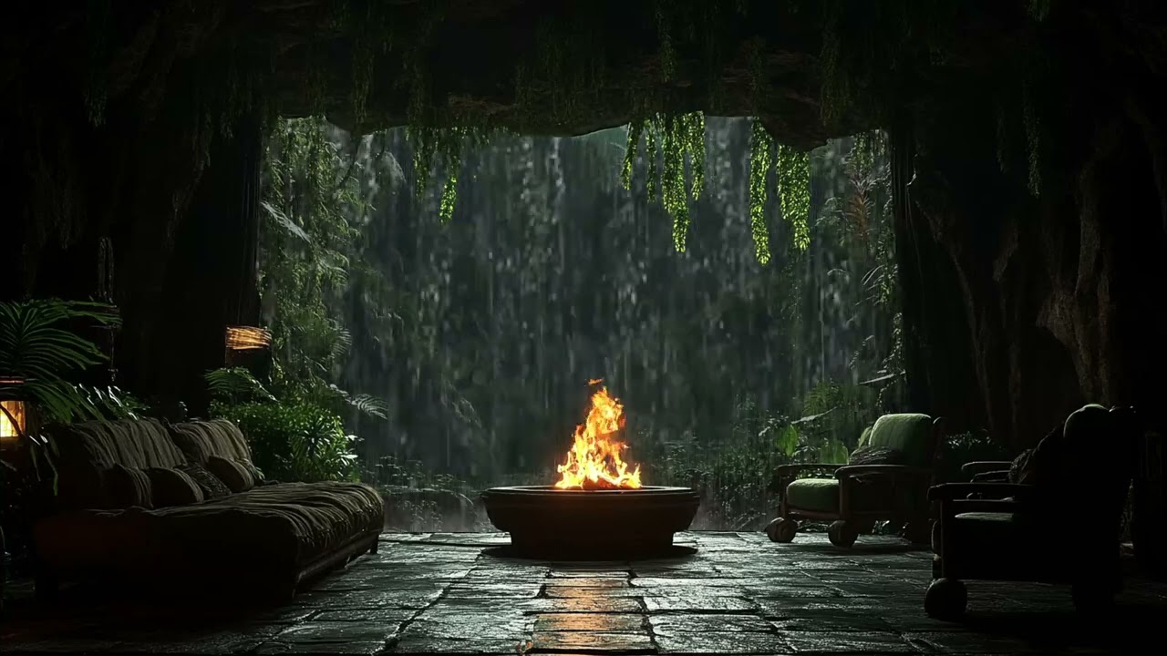 Heavy Rain and Thunder with Fireplace in a Cozy Forest Cave Room | Sleep Study Focus and Relax