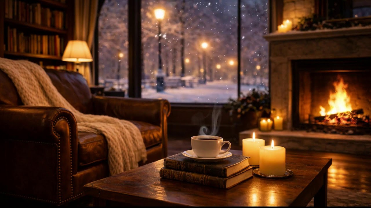 Snowy Night Comfort 🌙 Cozy Fireplace & Coffee for Winter Relaxation