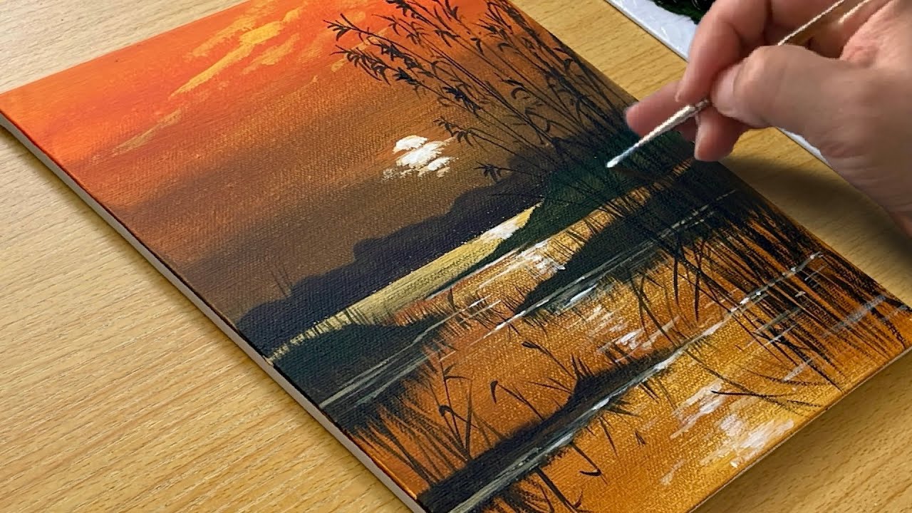 Easy Way to Draw a Sunset Lake / Acrylic Painting for Beginners