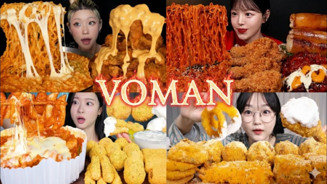 Korean women ||Crispy chicken, ramen, cheese, tteokbokki, etc.||