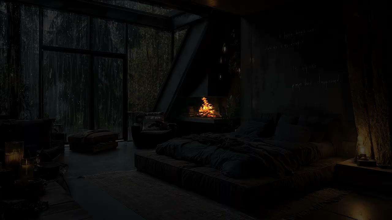 Peaceful Rainy Forest Window View for Sleep | Warm Fireplace Ambience Natural Rain Sounds