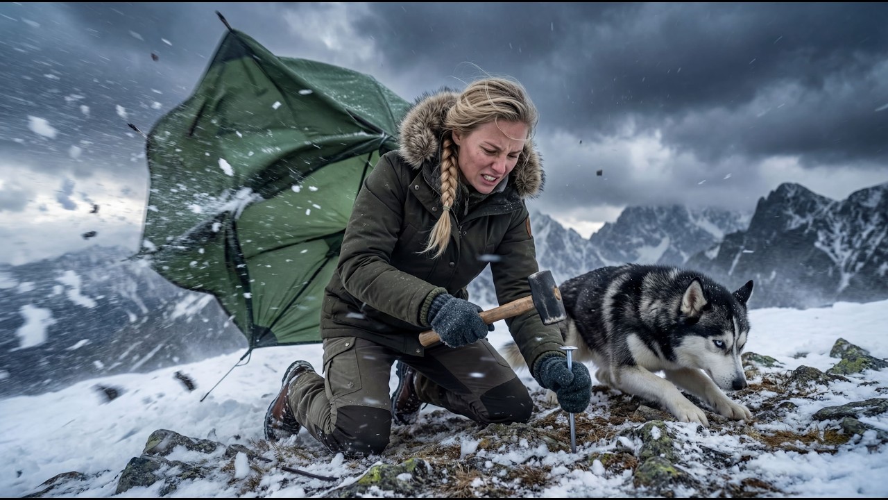 Solo Girl Camping on MOUNTAIN PEAK in Winter Storm — Husky & Extreme Wind — ASMR No Talking