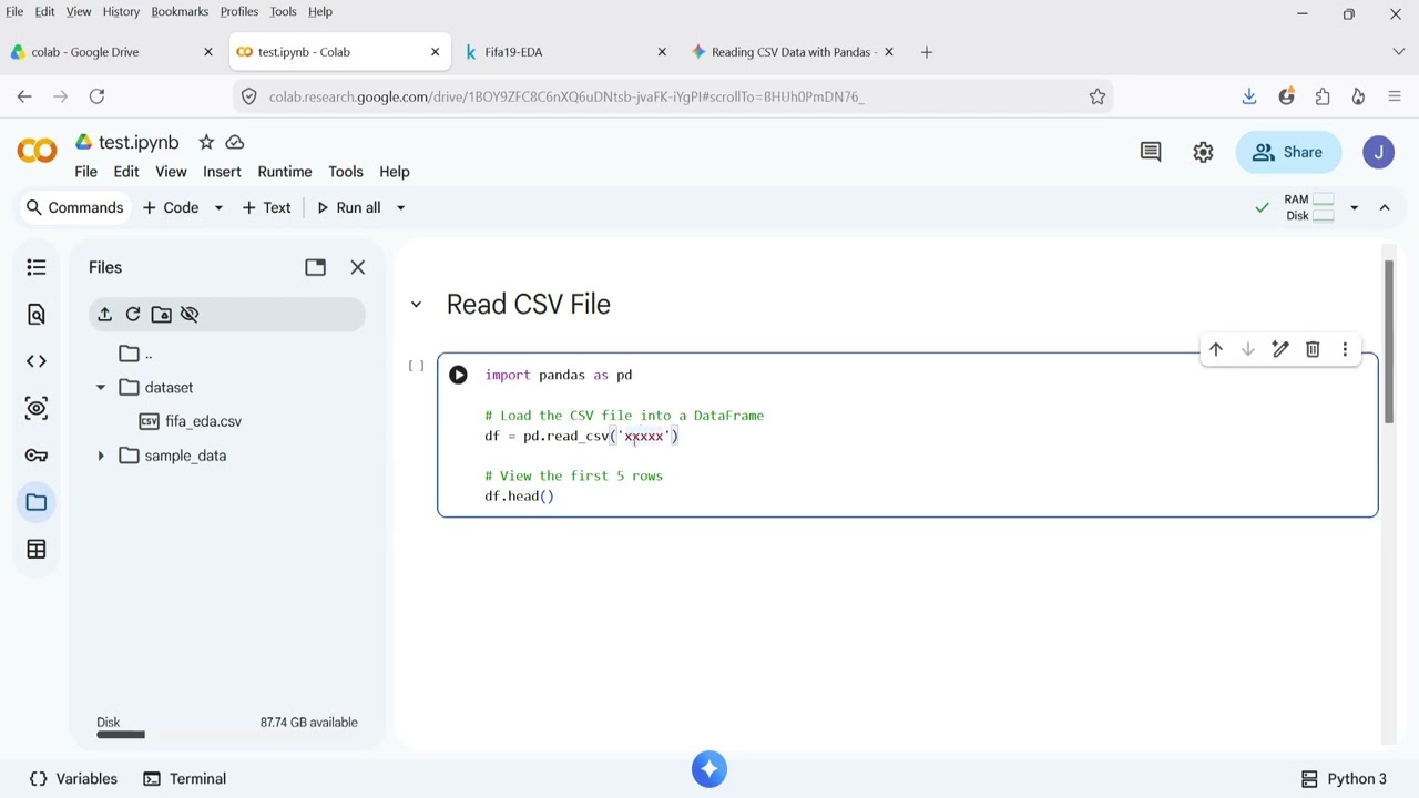 Как загрузить набор данных в Google Colab Jupyter Notebook и прочитать его с помощью библиотеки P...