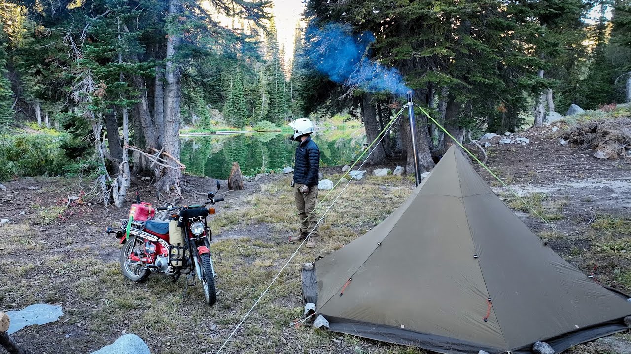 Moto-Camping ALONE at a Remote Alpine Lake With my Hot Tent & Vintage Trail Bike