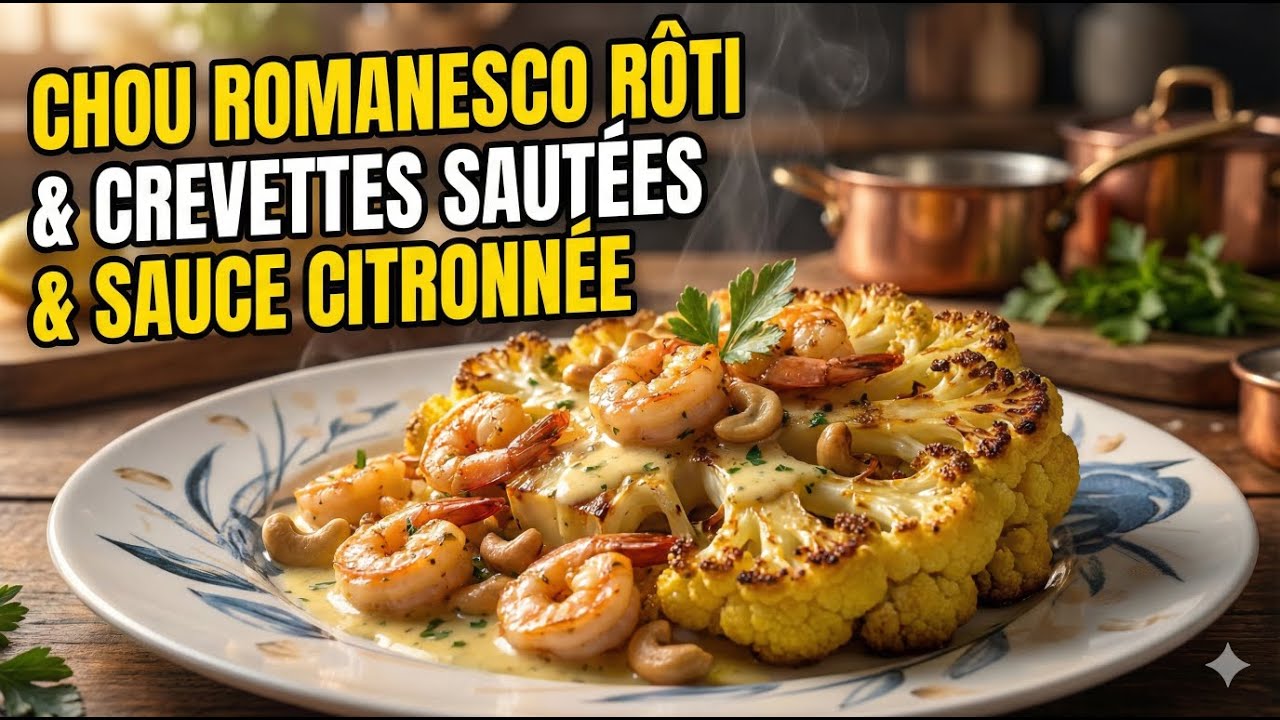 Chou Romanesco rôti & crevettes sautées & sauce citronnée | Recette légère, facile & rassasiante