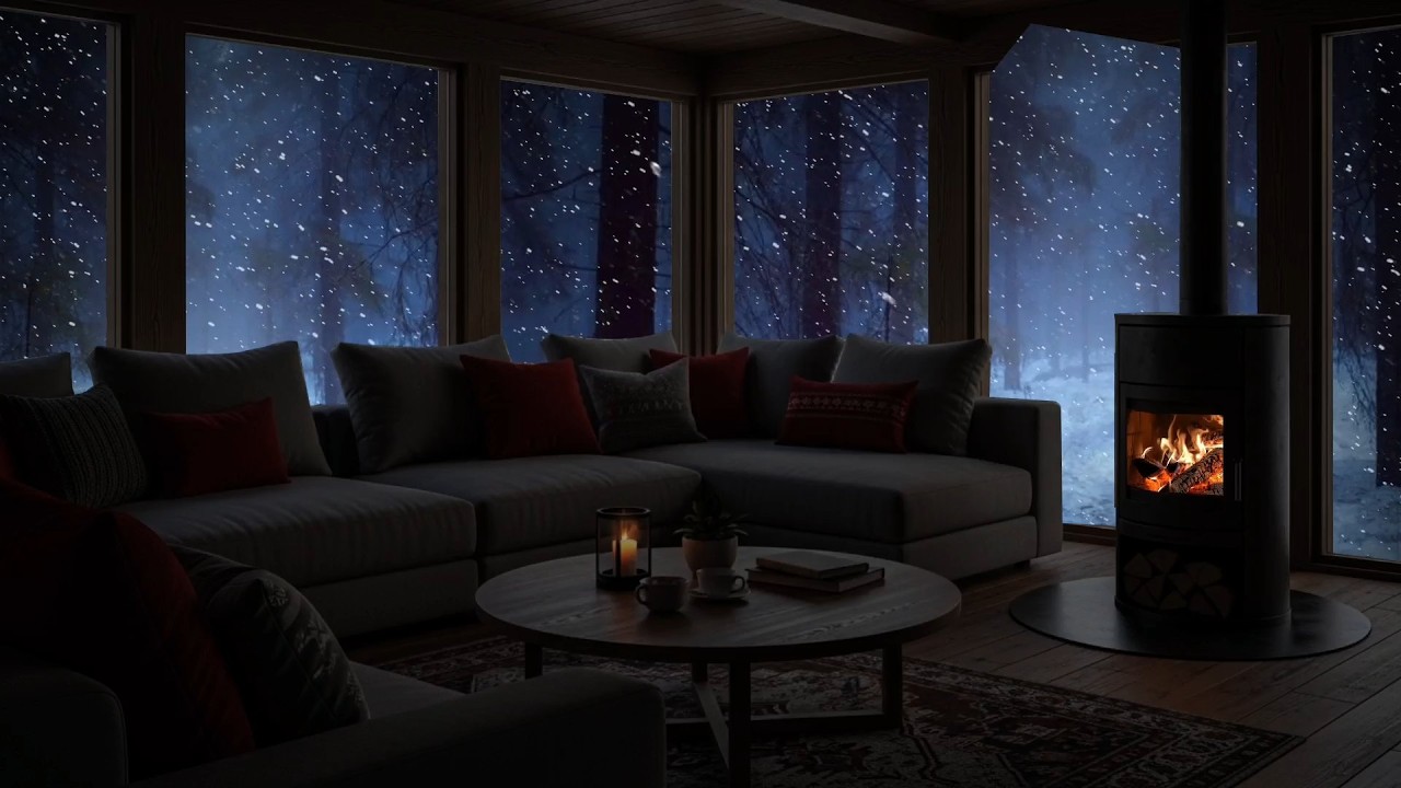 Slow Jazz with Fireplace & Gentle Snowfall for Sleep ❄️ Winter Night in Cozy Cabin Ambience