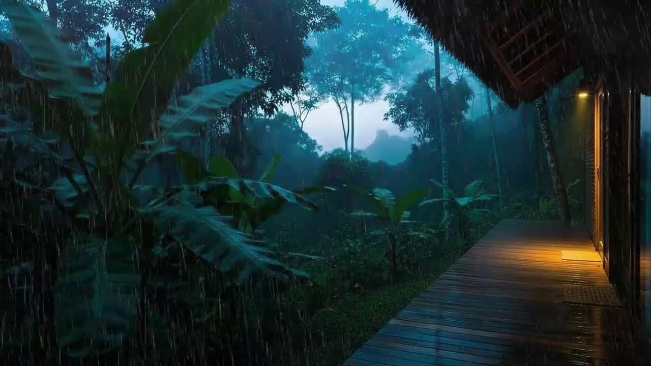 Fall Asleep Fast with Calm Rain and Rolling Thunder Echo at Wooden Cabin Terrace 🌧️