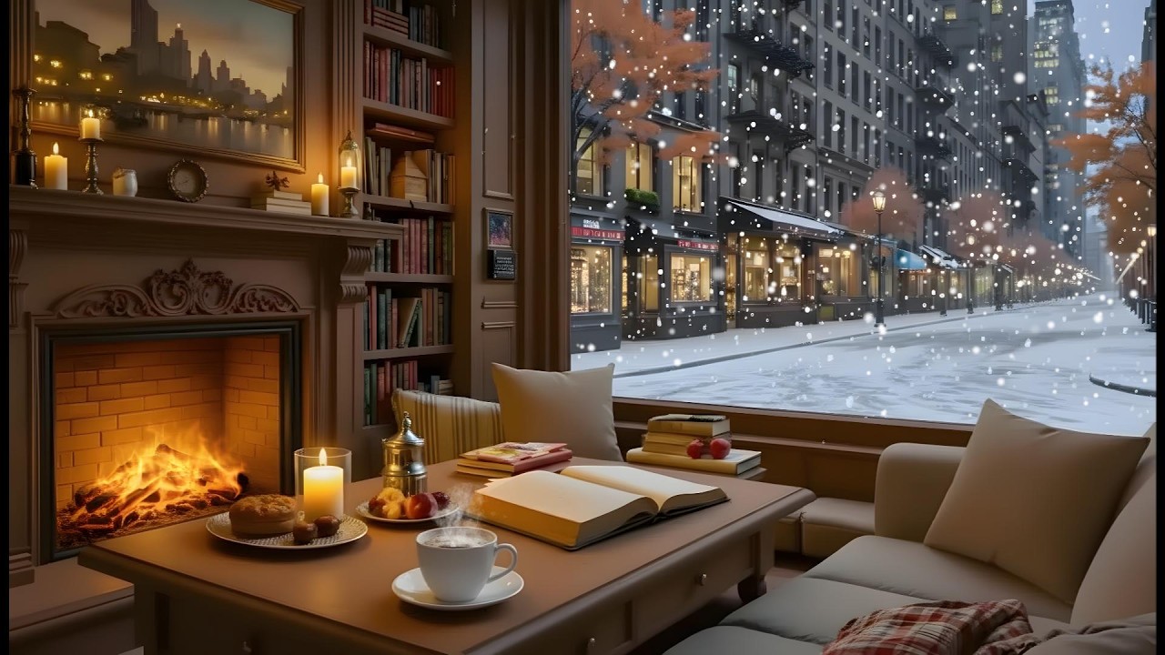 Winter Ambience Peaceful ❄️ Cozy Coffee Shop Snowy  With Jazz Piano & Fireplace Sounds  for Study