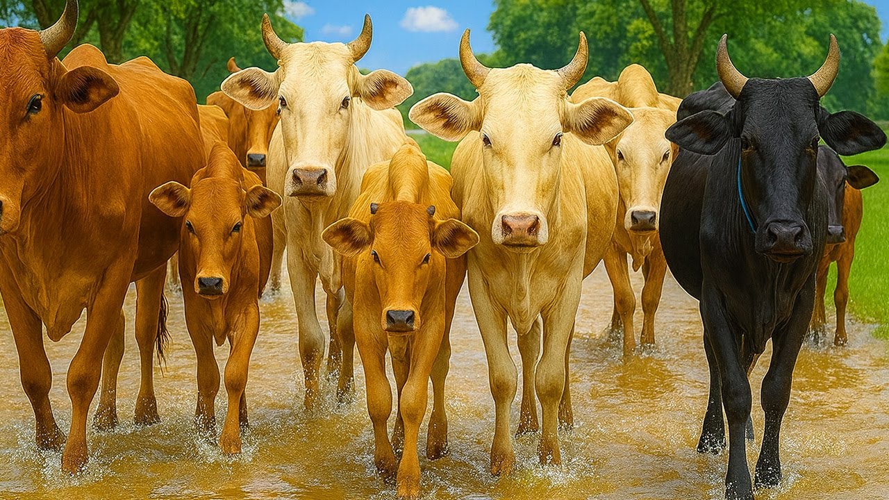 Mengembalakan sapi lembu jinak yang berjalan memasuki area ladang rumput hijau||suasana alam sejuk.