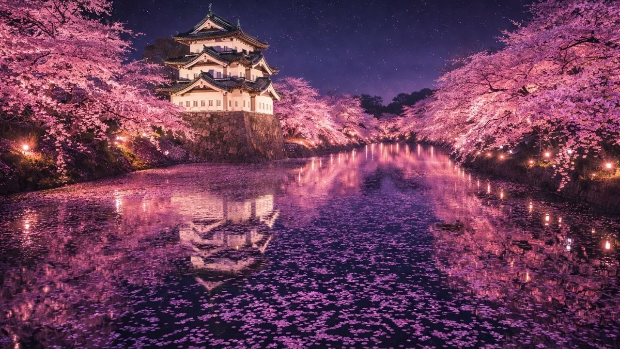 【RELAX】Night Sakura & Japanese Castle 🌙 | Deep Relaxing Japanese Ambient Music