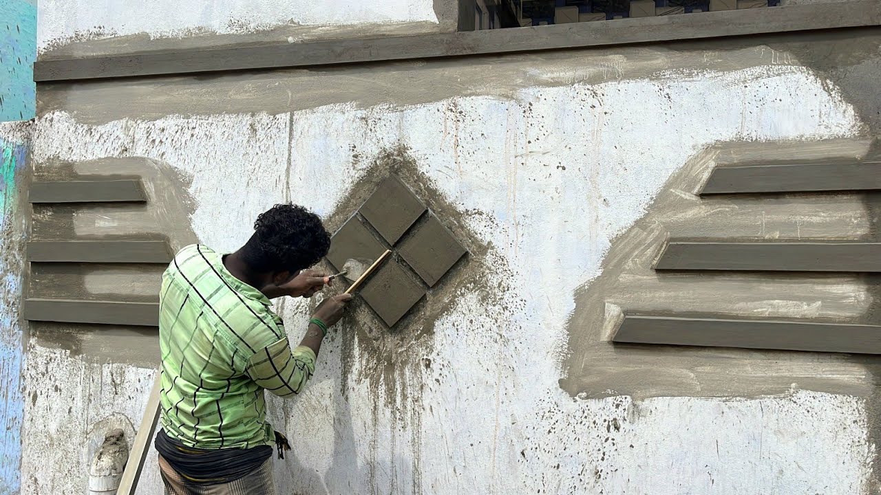 Plastering Techniques of GateWall_Creative Front Wall Border Design Accurate Plastering with Cement