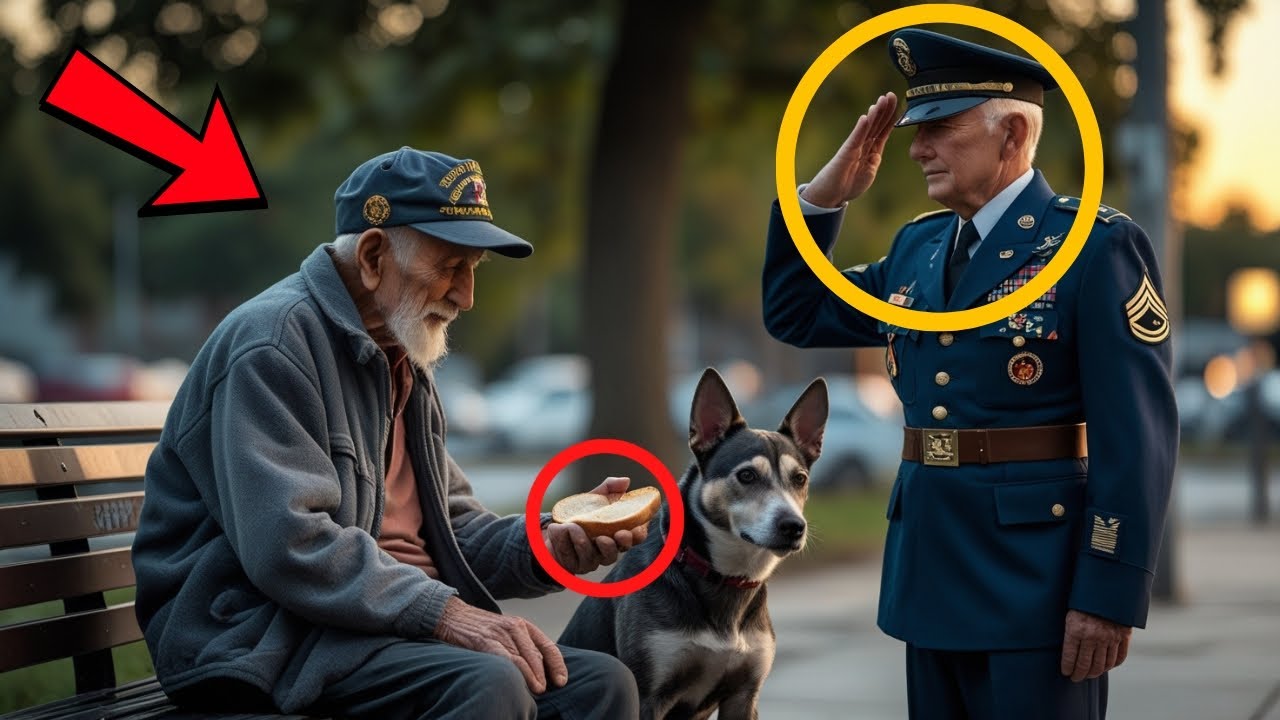 Der Veteran teilt sein Brot – ein General beobachtet und salutiert