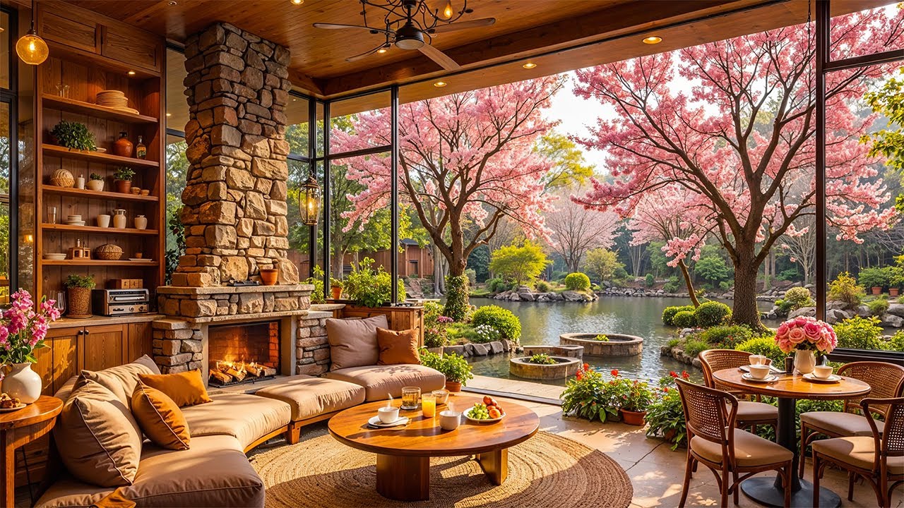 Relaxing Morning Jazz - Spring Coffee Porch Ambience by the Lakeside & Fireplace for Relax