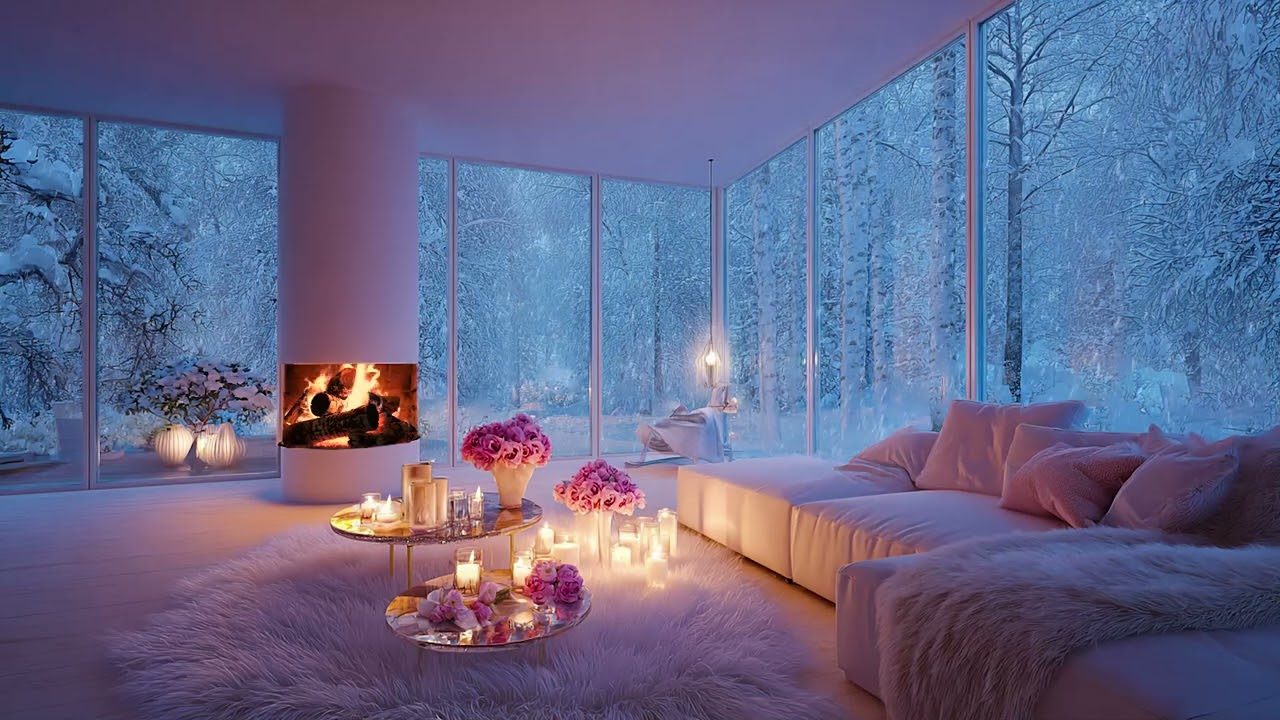 Winter Wind and Fireplace Sounds in a Modern White Living Room Overlooking a Snowy Forest Night