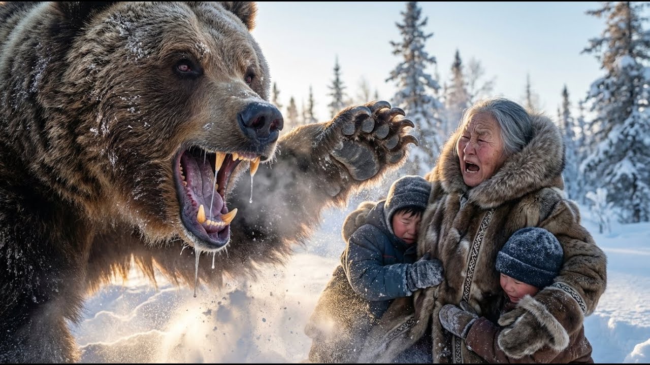 Elderly Woman Shields Children from Charging Brown Bear in Yakutian Berry Field