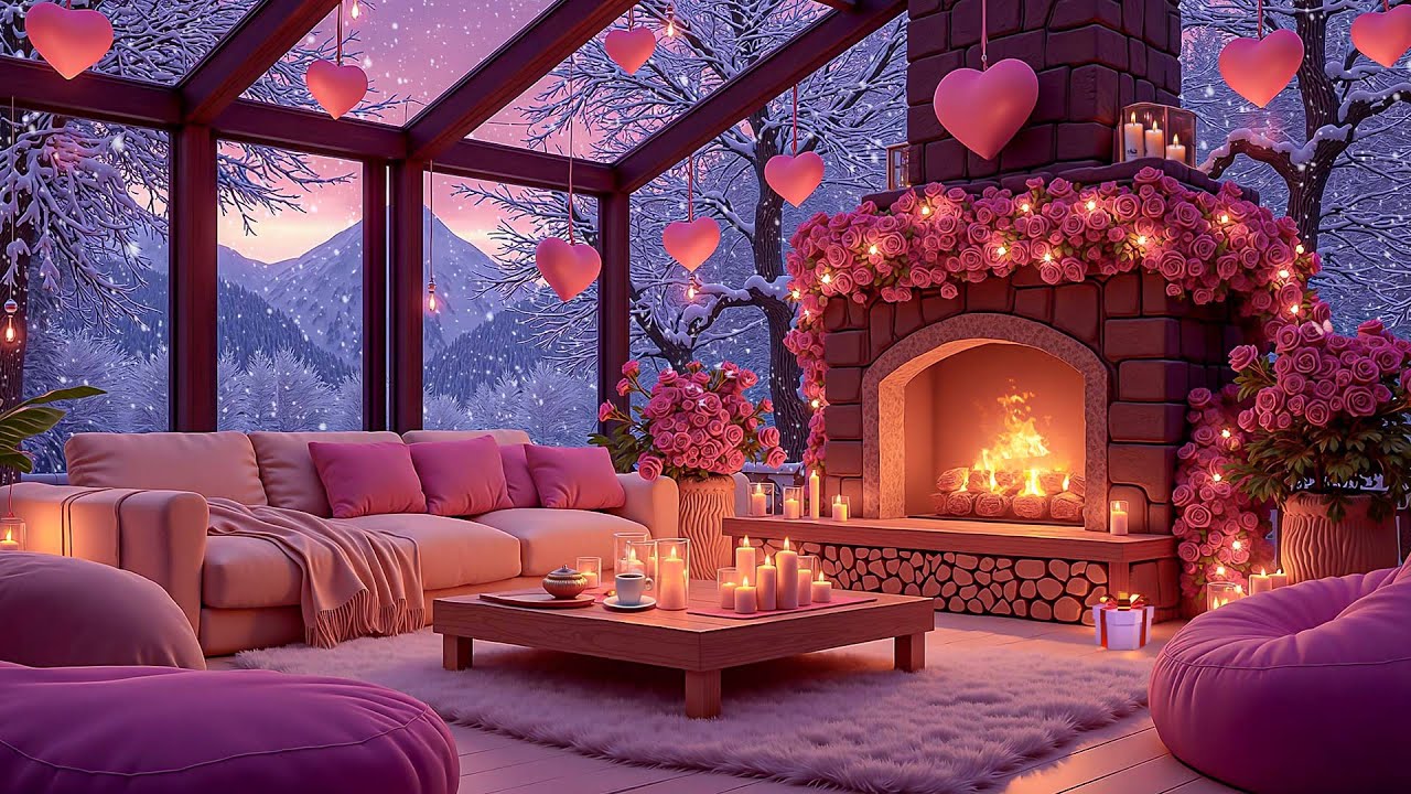 Romantic Valentine Pink Snow Porch 💗❄️🎹 Piano Jazz and Fireplace Sounds for Relaxation