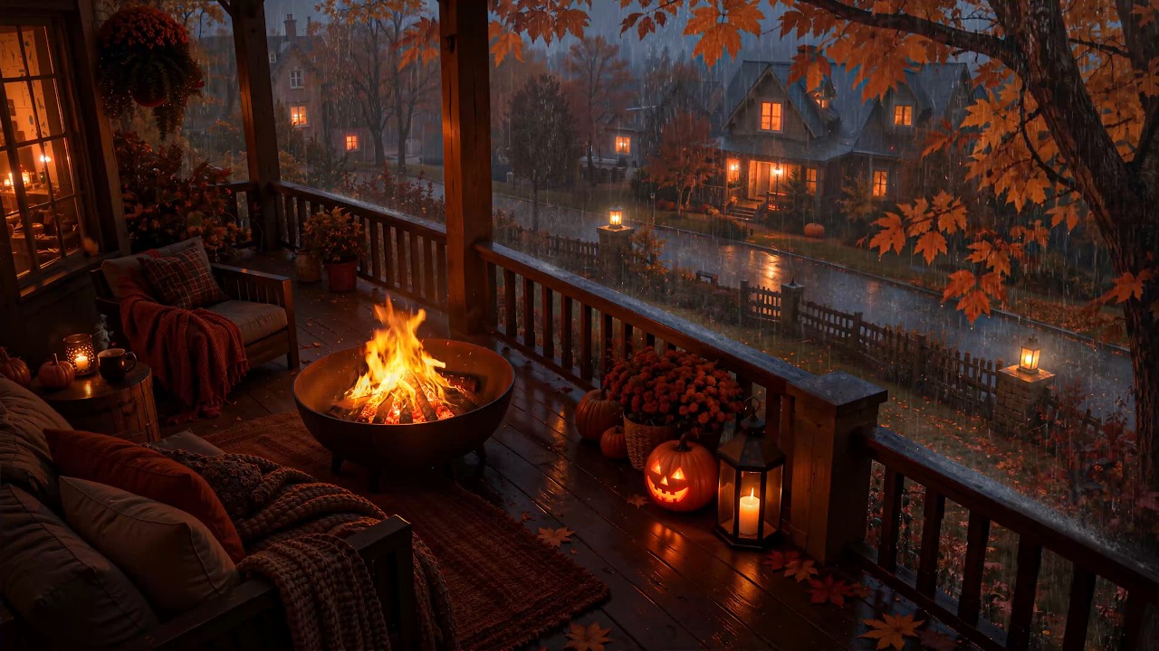 No Ads 🎃 Cozy Rain Night with a Spooky Pumpkin | Rainy Autumn Old Town & Fireplace for DEEP SLEEP