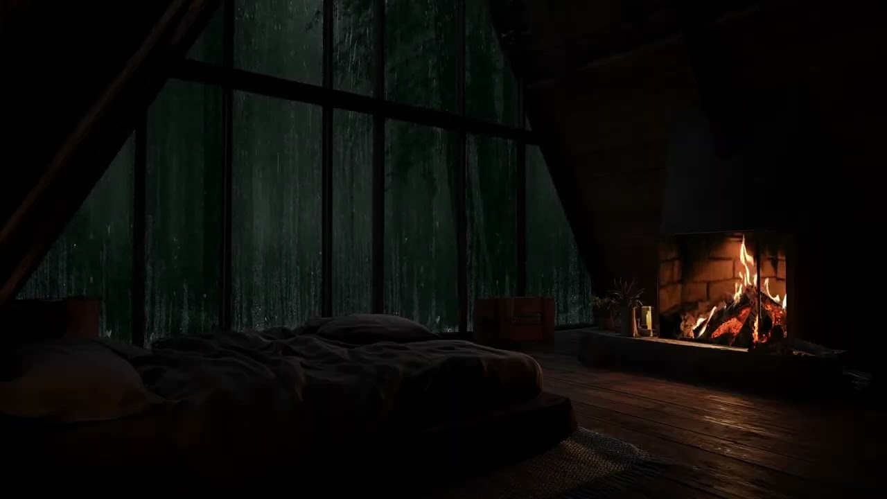 Rain Falling Outside While Warm Fireplace Ambience Comforts the Room