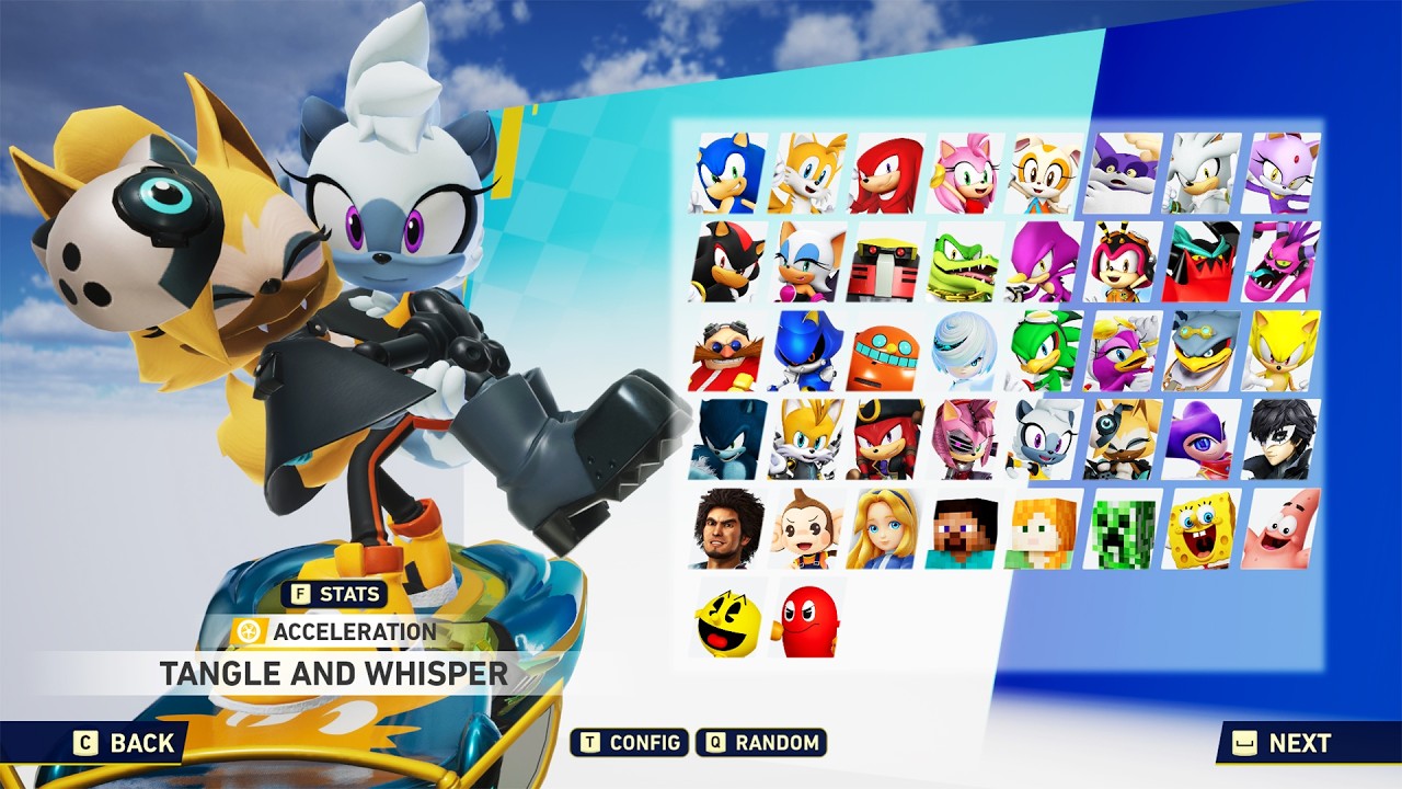 Tangle is Holding Whisper at his hands in Sonic Racing Crossworlds!