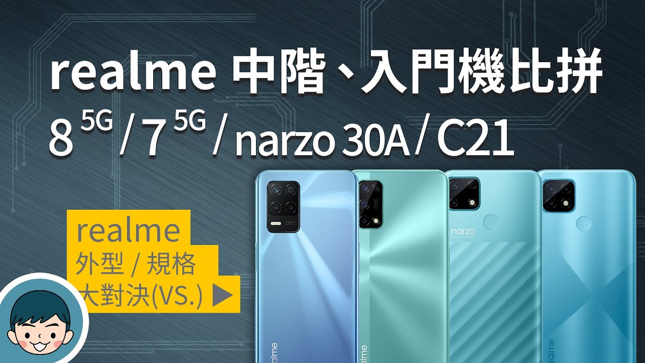 realme 中階、入門機種比拼！realme 8 5G / realme 7 5G / narzo 30A / realme C21 (6.5吋螢幕、超大電池、夜景模式、人像模式)【小翔XIANG】