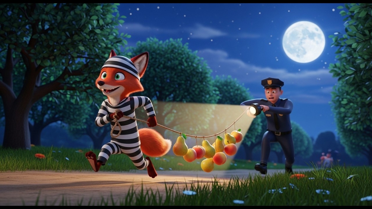 Orchard Midnight Raid! 🌳 | Fox Steals Pears 🍐 & Peaches 🍑 | Police Spotlight 🔦