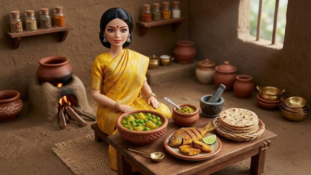 Miniature Doll Fish Pakora, Green Pea Curry and Roti Cooking ASMR |  Village Tiny Kitchen