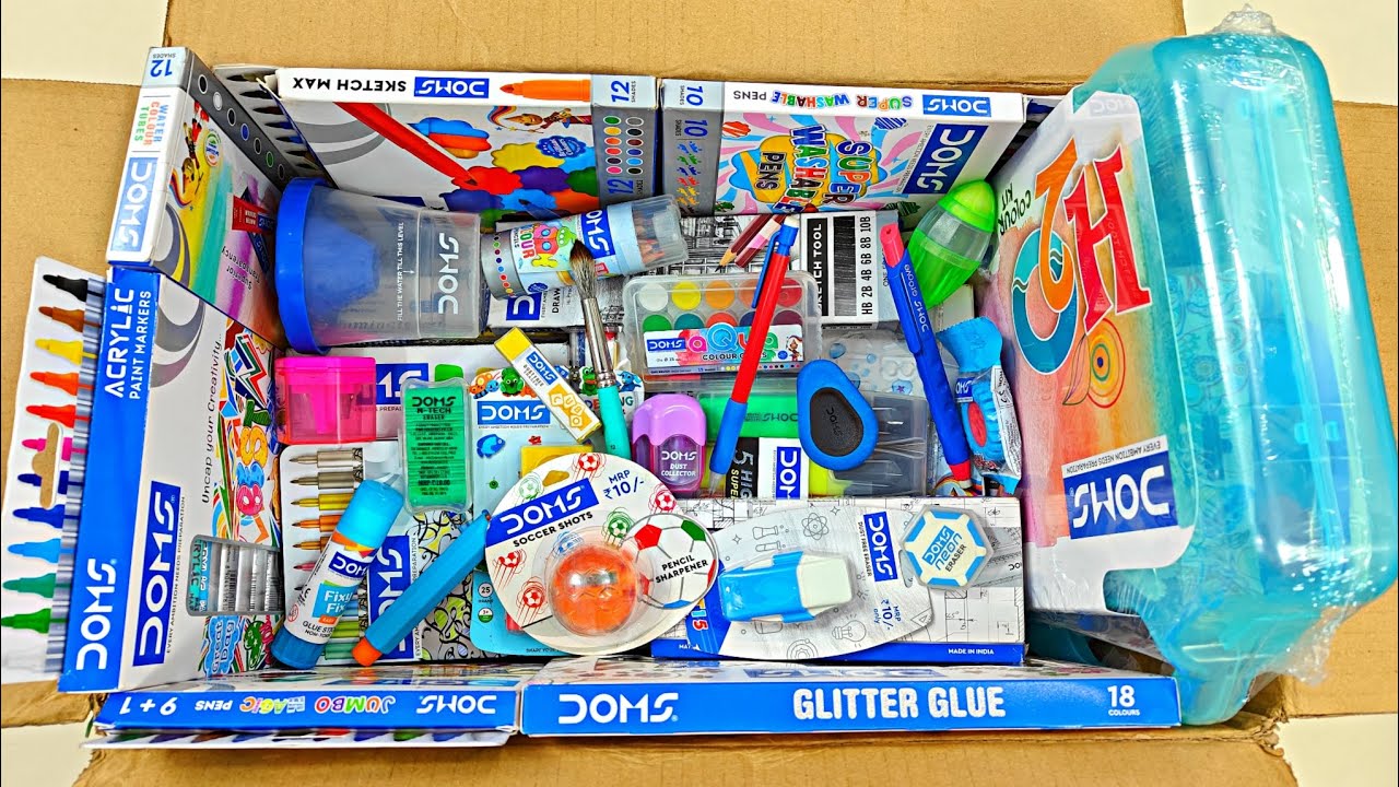 mega doms stationery items - sketch pens, erasner, plastic crayons, magic colour, poster colour, etc