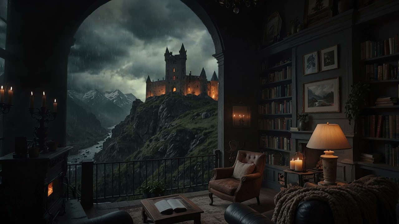 Moody Rainy Night with a Castle View 📖✨  Relaxing Fireplace, Rain Sounds & Cozy Ambience