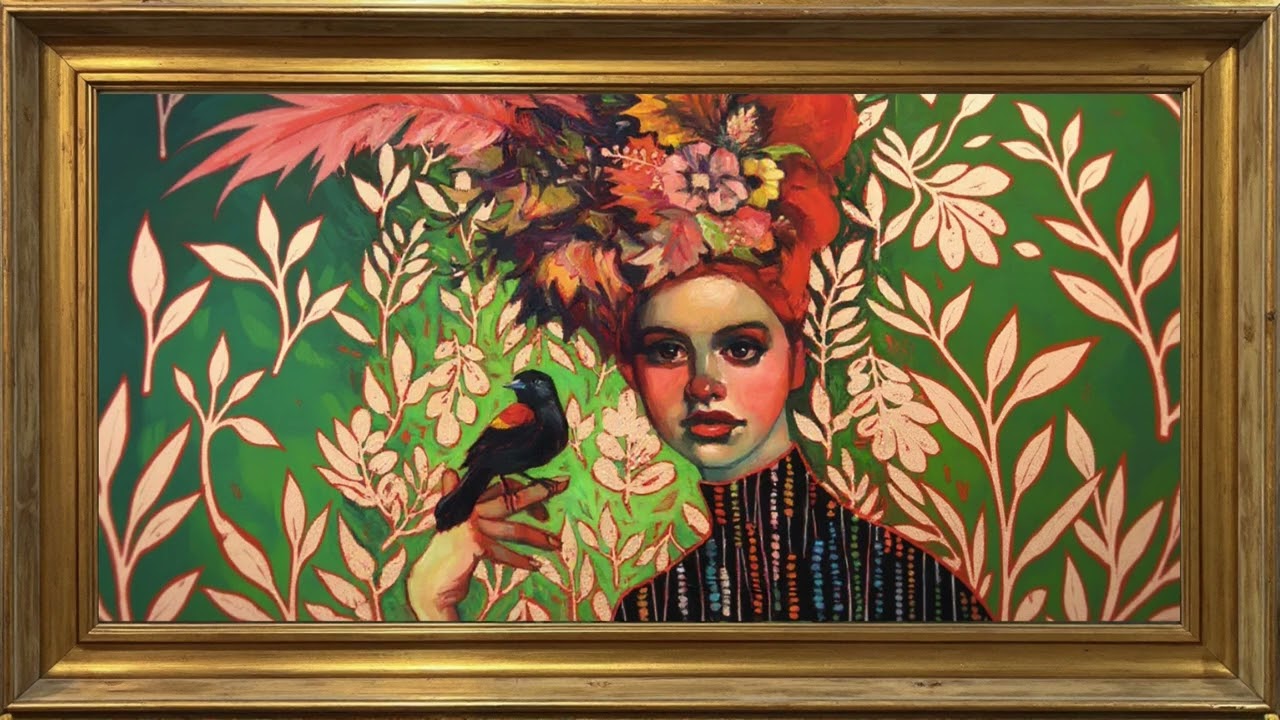 7-Hour Vibrant Portrait Art Loop | Woman with Bird & Floral Headdress | Living Wall Art in 4K