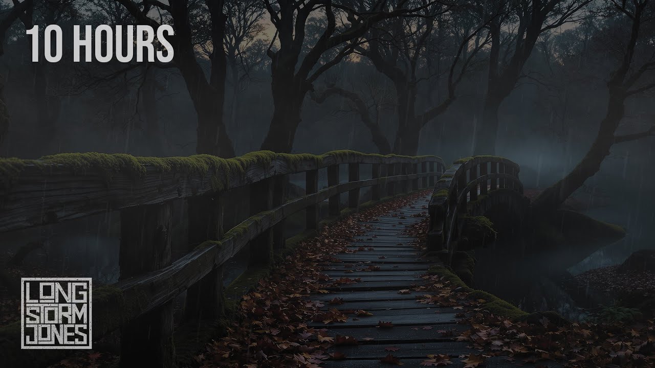 Autumn Bridge Crossing | Rain on Old Wooden Bridge & Distant Thunder | RELAX | STUDY | 10 HOURS
