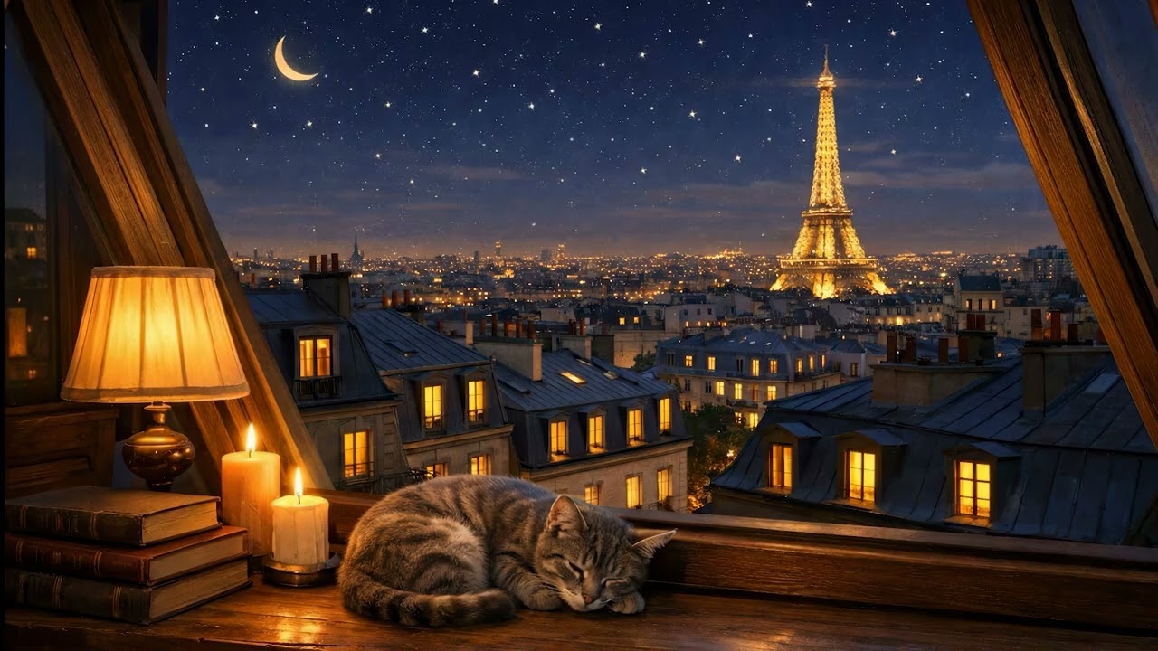 Cozy Paris Rooftops at Night ✨ Sleeping Cat, Candlelight & Eiffel View | Relaxing Vintage Jazz